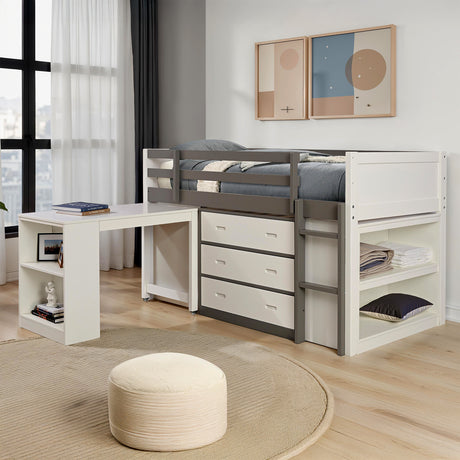Contemporary Style Twin Bunk Bed Open Shelves Nesting Desk 3 Drawers White And Gray Finish Bedroom Furniture - sold by Home Elegance USA