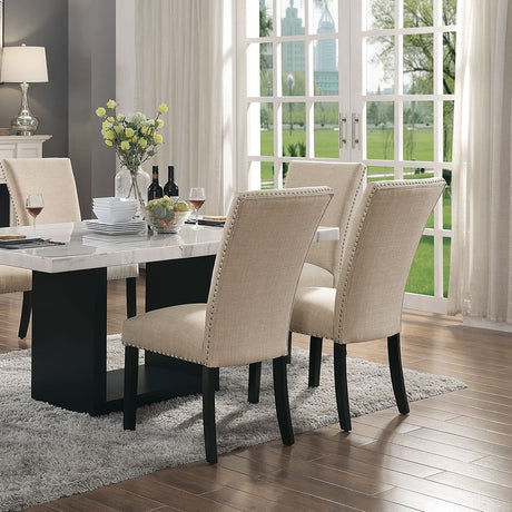 Gorgeous Marble Top Table w 6x Side Chairs Beige Fabric Upholstered Chair Dining Room 7pc Set Black Wooden Furniture - sold by Home Elegance USA