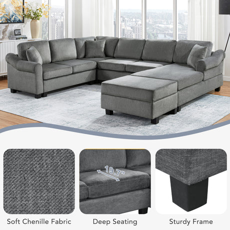 U-shaped Sectional Sofa Chenille Upholstered with Movable Storage Ottoman, Dark Gray, 111.8' - sold by Home Elegance USA