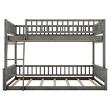 Gray Full XL over Queen Bunk Bed with Ladder and Guardrails, Pine Wood+MDF, 84.7''L x 63.7''W x 58.3''H