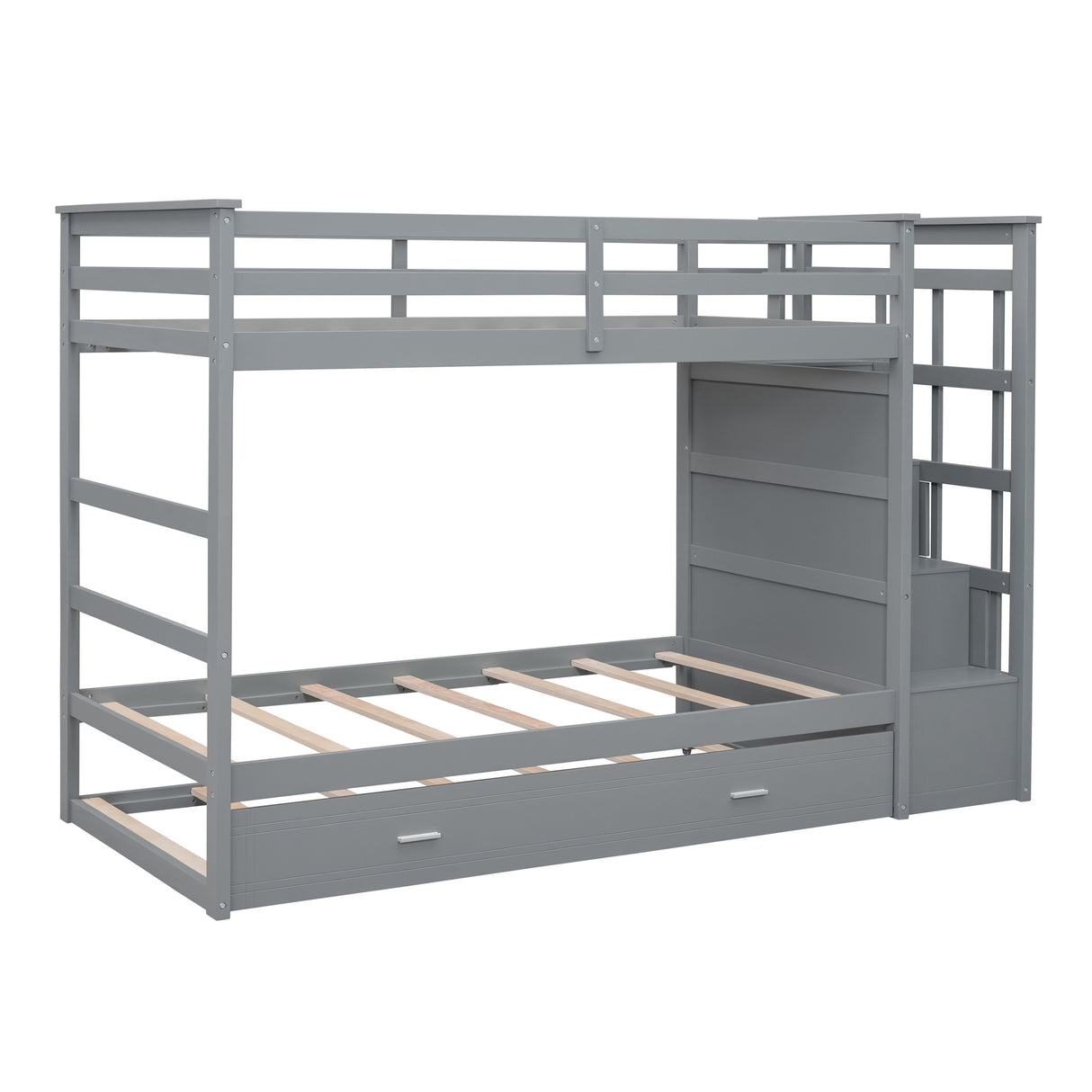 Twin Over Twin Bunk Bed with Trundle and Staircase,Gray(OLD SKU:LT000068AAE) - Home Elegance USA