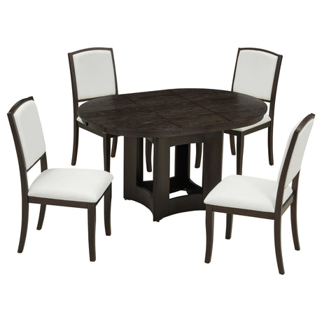 TOPMAX Farmhouse Extendable Round Dining Table Set for 4, 5-Piece Kitchen Table Set with 4 Upholstered Chairs and 16inch Removable Leaf for Small Places, Espresso+Beige - sold by Home Elegance USA