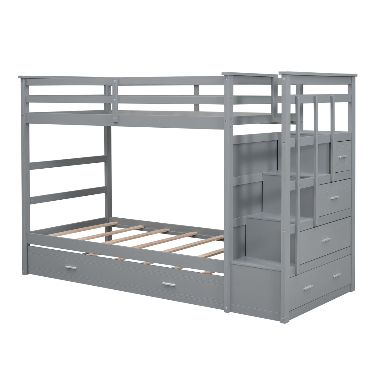 Twin Over Twin Bunk Bed with Trundle and Staircase,Gray(OLD SKU:LT000068AAE) - Home Elegance USA