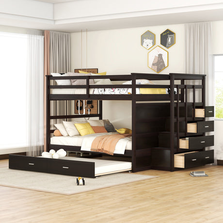 Full Over Full Bunk Bed with Twin Size Trundle and Staircase, Espresso(OLD SKU:LT000268AAP)