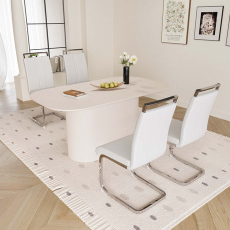 63 'medieval modern cream style MDF dining table and PU armless dining chair set 4. Assemble Desktop and Silver plated metal leg dining chair set, suitable for home&kitchen - sold by Home Elegance USA