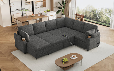 Versatile U-Shaped Sectional Sofa Bed with Storage, Cup Holders, Charging Ports in Grey Chenille - sold by Home Elegance USA