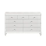 Glamorous Metallic White Finish Dresser of 9x Drawers Faux Crystal Knobs Modern Bedroom Furniture