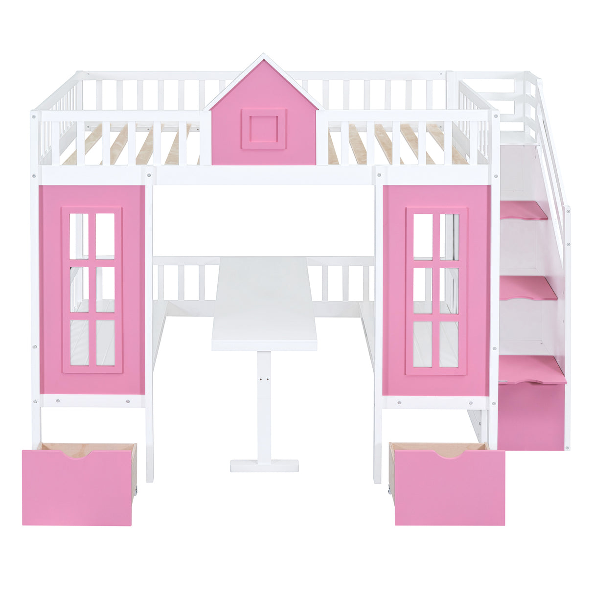 Full-Over-Full Bunk Bed with Changeable Table, Bunk Bed Turn into Upper Bed and Down Desk -Pink - Home Elegance USA