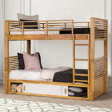 Twin Over Twin Transitional Style Bunk Bed Light Oak Finish With Underbed Open Storage Space And Sliding Door