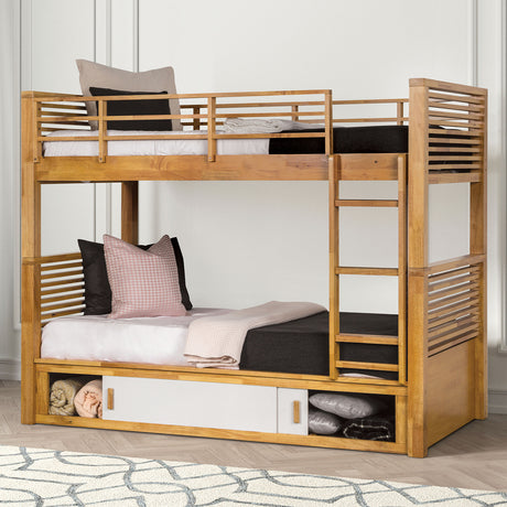 Twin Over Twin Transitional Style Bunk Bed Light Oak Finish With Underbed Open Storage Space And Sliding Door