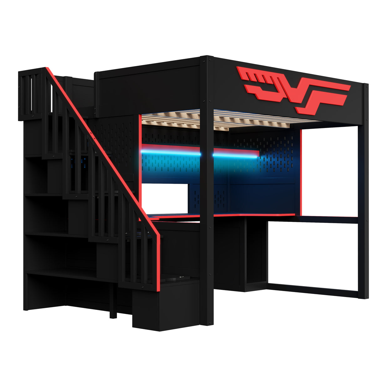 Gaming Loft Bed with Desk and Storage Staircase, LED Lights and USB, Full Black+Red Solid Wood+MDF