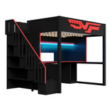 Gaming Loft Bed with Desk and Storage Staircase, LED Lights and USB, Full Black+Red Solid Wood+MDF