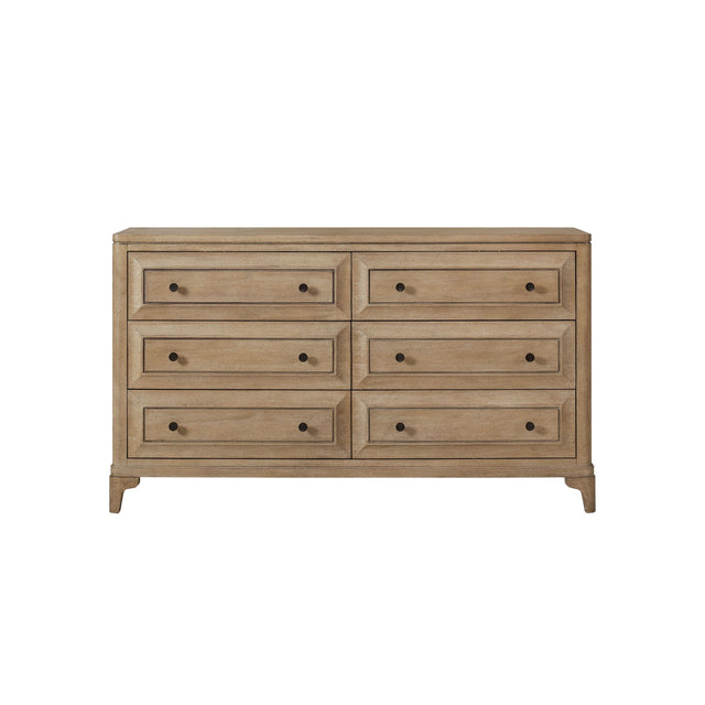 Modern Style 6 Drawer Dresser with Storage and Custom Hardware in Sand Finish, Solid Wood and MDF, 66 Inches