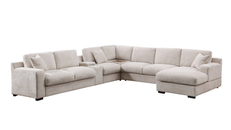 Celine 141.5' Beige Chenille Fabric Corner Sectional Sofa with Right-Facing Chaise, Cupholders, and Charging Ports - sold by Home Elegance USA