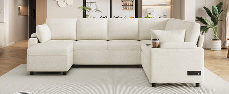 Convertible U-Shaped Sofa Bed with Storage, Cup Holders and Charging Ports, Beige Chenille, 109.9' - sold by Home Elegance USA