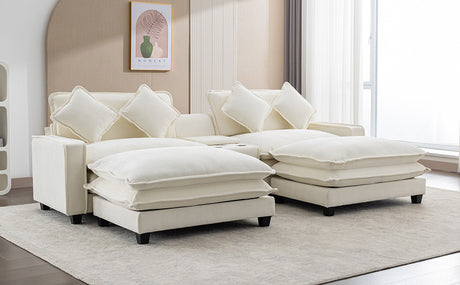 Chenille Upholstered Sectional Sofa with Removable Ottoman, USB Ports, Cup Holders, and Storage, Beige, 111' - sold by Home Elegance USA