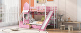 Twin-Over-Twin Castle Style Bunk Bed with 2 Drawers 3 Shelves and Slide - Pink - Home Elegance USA