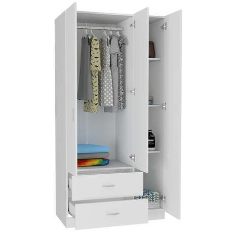 Bosko 3 Doors Armoire, Two Drawers, Metal Rod, White -Bedroom - sold by Home Elegance USA