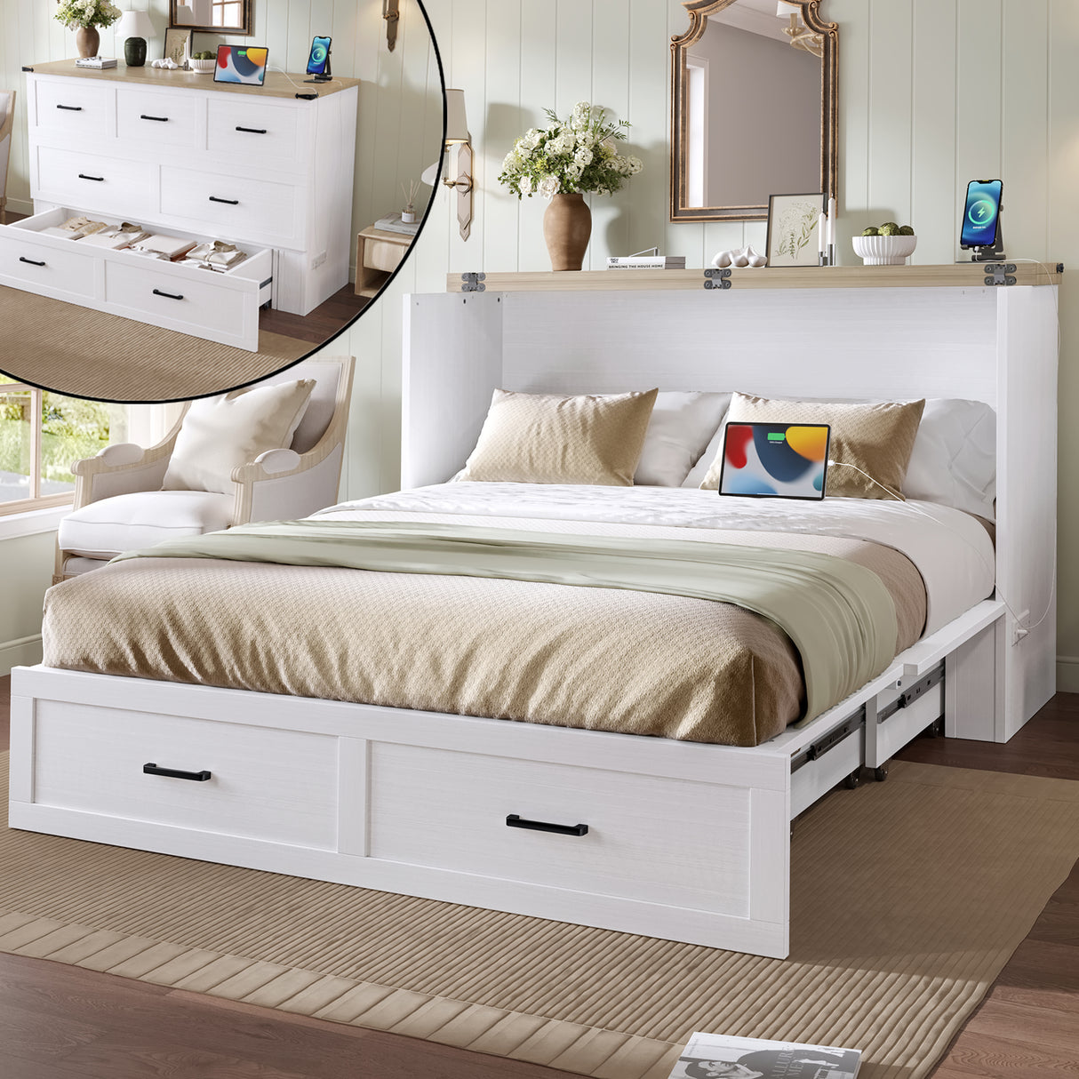 Murphy Bed Cabinet Queen Size with Charging Station, Multi-Functional Foldable Platform Bed with 1 Large Storage Drawer for Guest Room, Small Bedroom, White