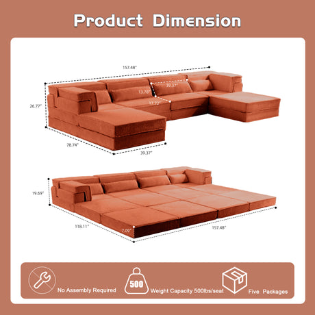 Compression Mahjong Sofa,Convertible Floor Sofa Bed,DIY Boneless Modular Sectional Sofa,No Assembly Required,Circle fleece fabric,Oversized 4 Seater with 2 Ottoman,Orange - sold by Home Elegance USA