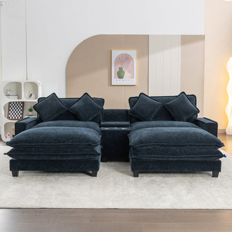 Contemporary Chenille Upholstered Sectional Sofa with Ottomans, USB Ports, Cup Holders & Storage, Blue - sold by Home Elegance USA