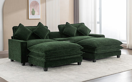 Chenille Upholstered 111' Sectional Sofa with Two Removable Ottomans, USB Ports, Cup Holders, and Storage, Green - sold by Home Elegance USA
