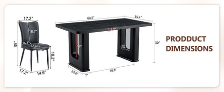 Table and chair set. 64.5 x 35.4 Inch Stylish Black Wood Color Textured Dining Table.Paired with 4 Black PU chairs with a vertical stripe design on the backrest and black metal legs. - sold by Home Elegance USA