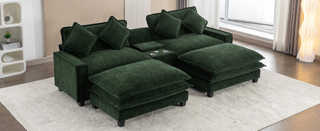 Chenille Upholstered 111' Sectional Sofa with Two Removable Ottomans, USB Ports, Cup Holders, and Storage, Green - sold by Home Elegance USA