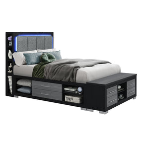MESSA Contemporary Full Bed with Bookcase Headboard and Storage in Black and Grey Rubber Wood