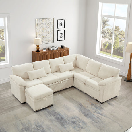 97 Inch L-Shaped Corner Sectional Sofa Couch with Seat and Storage Ottoman,Chenille Fabric Corner Couch with 7 Seats & 2 Pillows for Living Room, Beige - sold by Home Elegance USA