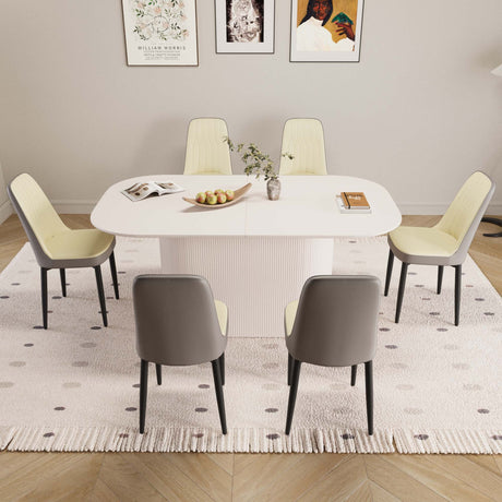 63 'medieval modern cream style MDF dining table and PU dining chair set 6. Assemble Desktop and black metal leg dining chair set, suitable for home&kitchen