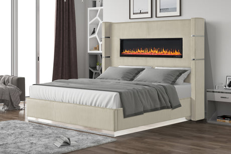 LIZZELLE Upholstery Wooden King 5 PC Bedroom set with Ambient lighting in Beige Velvet Finish(CA INVENTORY) - sold by Home Elegance USA