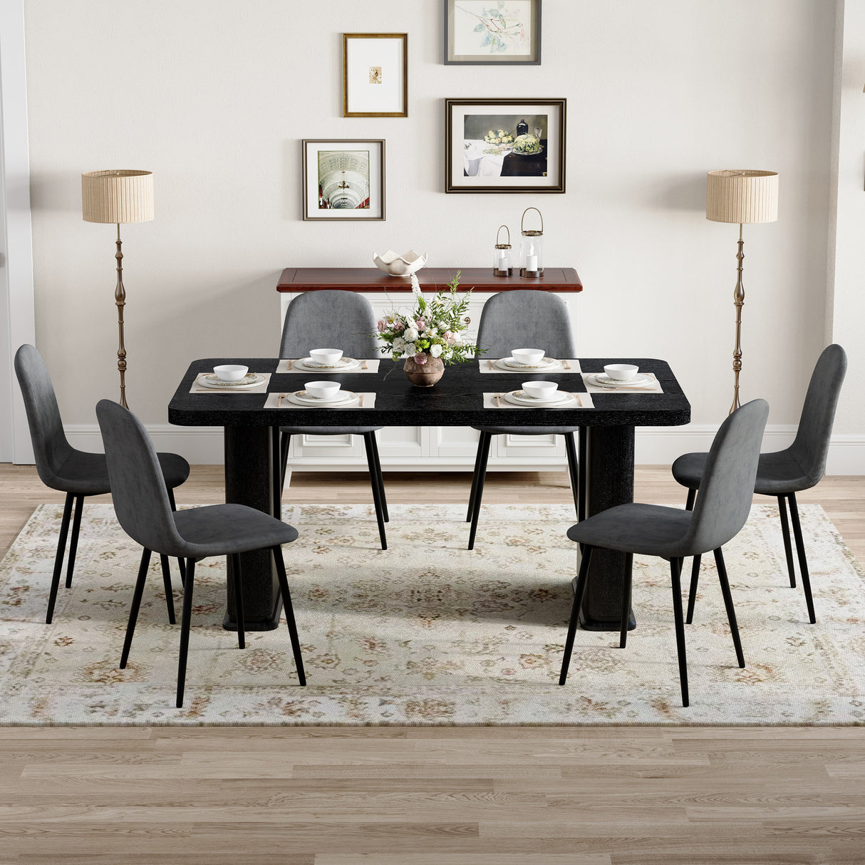 Table and chair set.64.5 x 35.4 Inch Stylish Black Wood Color Textured Dining Table.Paired with 6 Dark Gray Linen-Cotton Material High Resilience Dining Chair with Metal Leg.