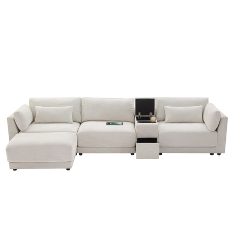 124'' L-Shaped Sectional Sofa with Multi-Functional Storage Console, Wired&Wireless Charger, Movable Ottoman, Wider&Thicker Cushion, Free Combination for Living Room&Apartment, Chenille - sold by Home Elegance USA