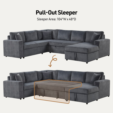 Ruxley 123'W Gray Corduroy Sleeper Sectional Sofa with Right-Facing Storage Chaise and Throw Pillows - sold by Home Elegance USA