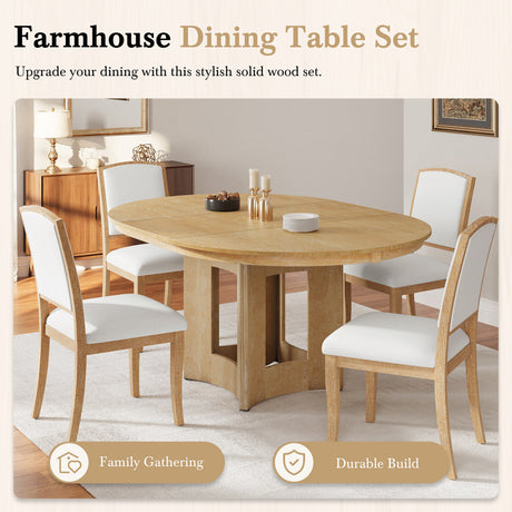 TOPMAX Farmhouse Extendable Round Dining Table Set for 4, 5-Piece Kitchen Table Set with 4 Upholstered Chairs and 16inch Removable Leaf for Small Places, Natural+Beige - sold by Home Elegance USA