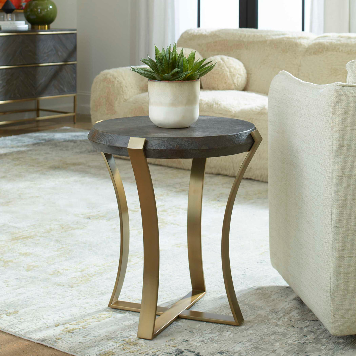 Unite Brass Leg Wood Side Table - Dark Brown / Yellow by Uttermost - View 2