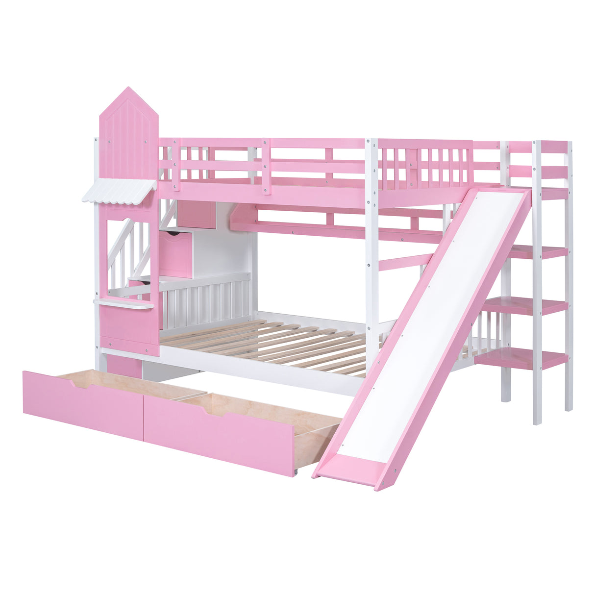 Full-Over-Full Castle Style Bunk Bed with 2 Drawers 3 Shelves and Slide - Pink - Home Elegance USA