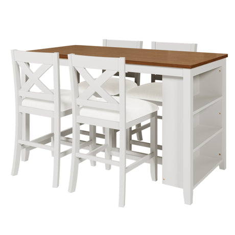 TOPMAX 5 Pieces Counter Height Rustic Farmhouse Dining Room Wooden Bar Table Set with 4 Chairs, White - sold by Home Elegance USA