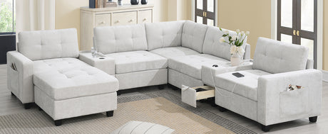 Chenille U Shaped Sectional Sofa with Acrylic Table Top, USB Charger, Storage Drawers, Pockets and Movable Ottoman - sold by Home Elegance USA