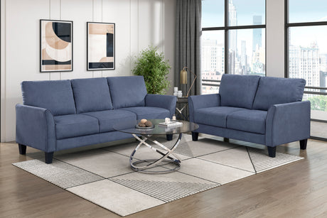Modern Contemporary Sofa Set 2pc Blue Upholstered Sofa Loveseat Plush Seat Comfort Durable Solid Wood Living Room Furniture