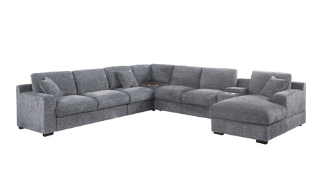 Celine 141.5' Light Gray Chenille Fabric Corner Sectional Sofa with Right-Facing Chaise, Cupholders, and Charging Ports - sold by Home Elegance USA