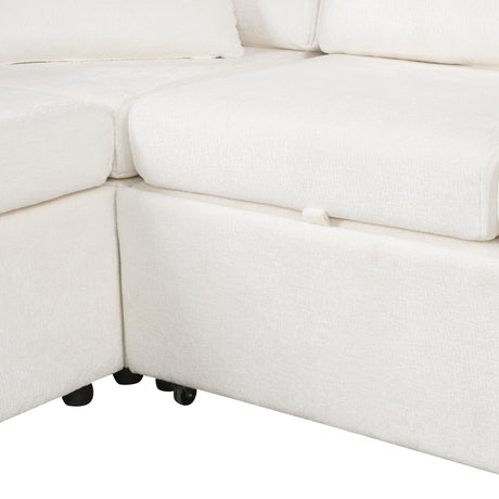 Cream Tweed Chenille Sectional Sofa with Pull-out Bed and Storage Ottoman, 112.2' for Living Room - sold by Home Elegance USA