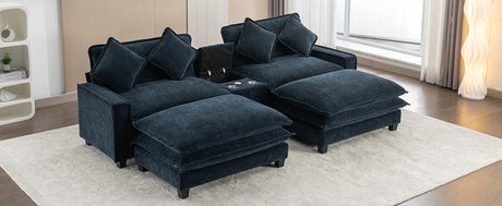 Contemporary Chenille Upholstered Sectional Sofa with Ottomans, USB Ports, Cup Holders & Storage, Blue - sold by Home Elegance USA