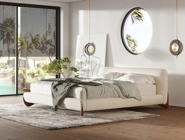Fleury - Contemporary Cream Fabric and Walnut Bed-queen - View Image 1