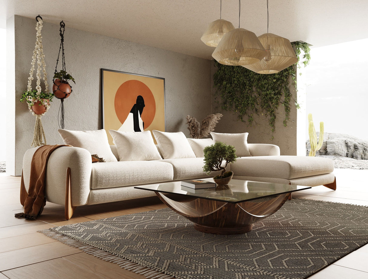Modrest Fleury - Contemporary Cream Fabric and Walnut RAF Sectional Sofa - Home Elegance USA