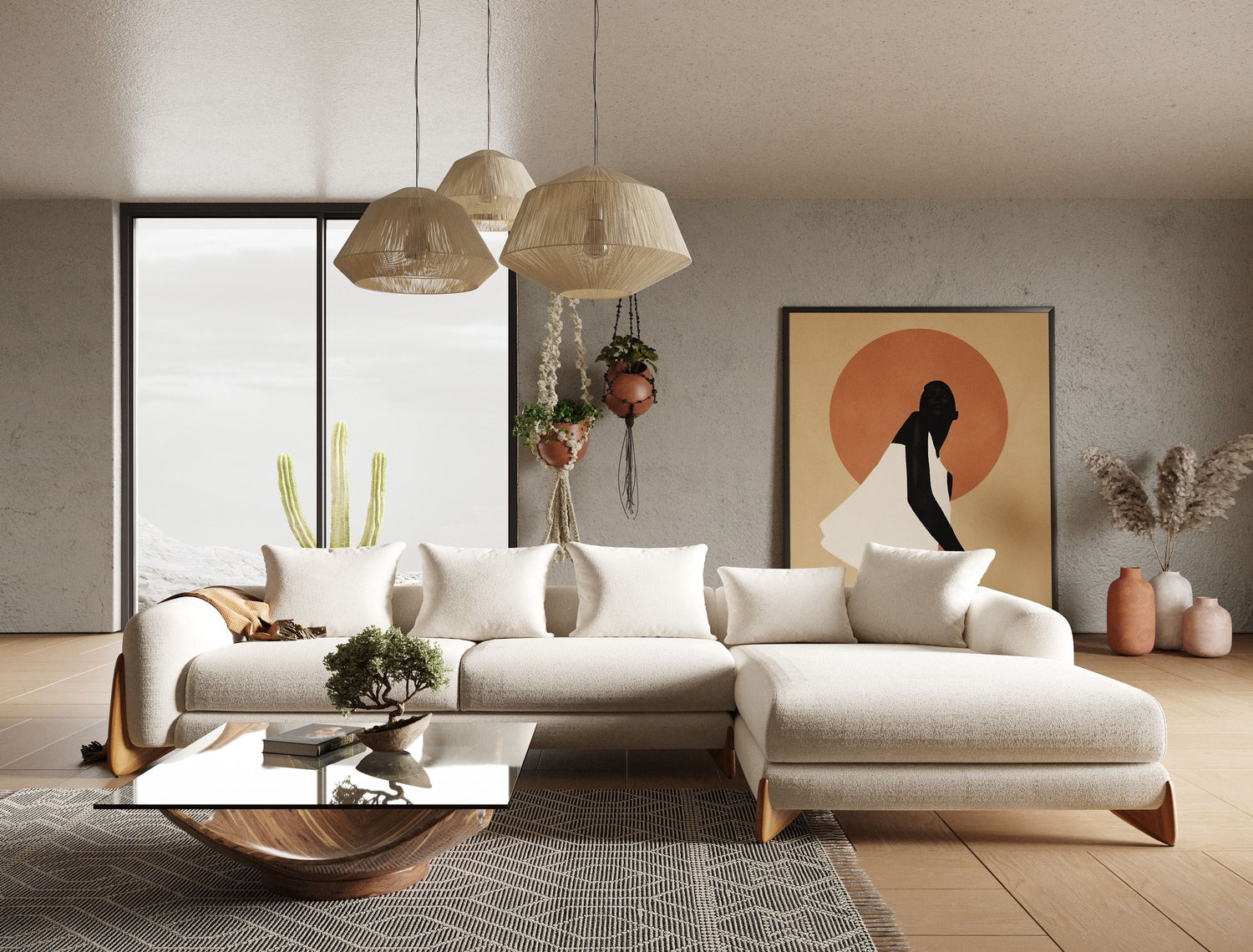 Modrest Fleury - Contemporary Cream Fabric and Walnut RAF Sectional Sofa - Home Elegance USA