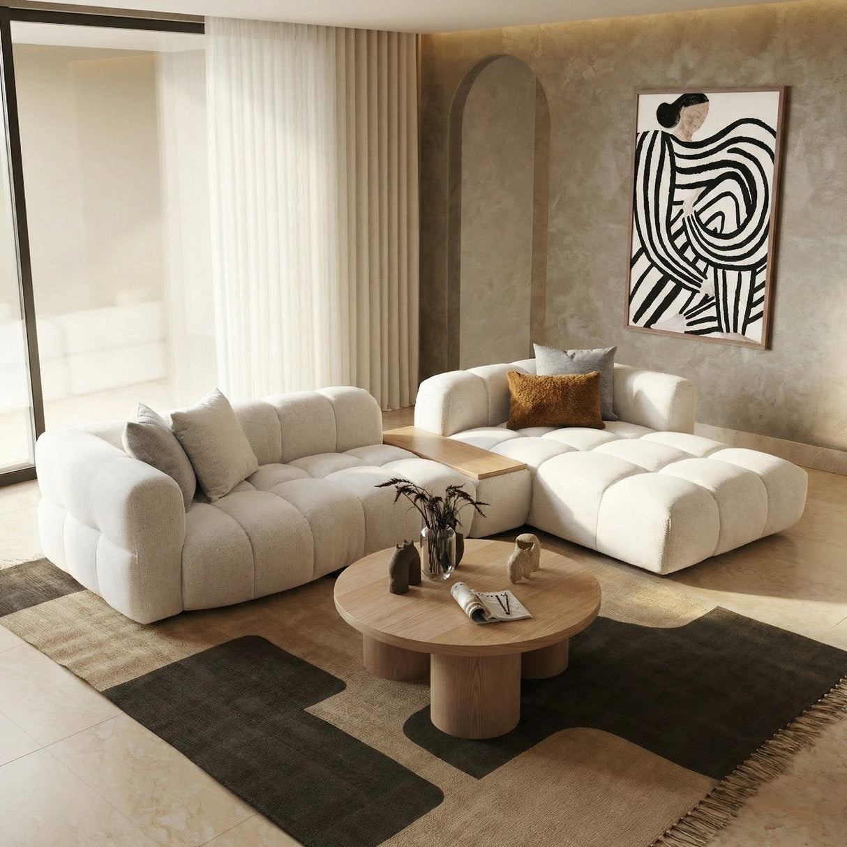Freya - Modern Beige Fabric Sectional Sofa w/ Console - View Image 1