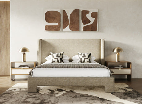 Eastern King Emilio - Modern Beige Fabric + Burlap + Walnut 4-Piece Bedroom Set