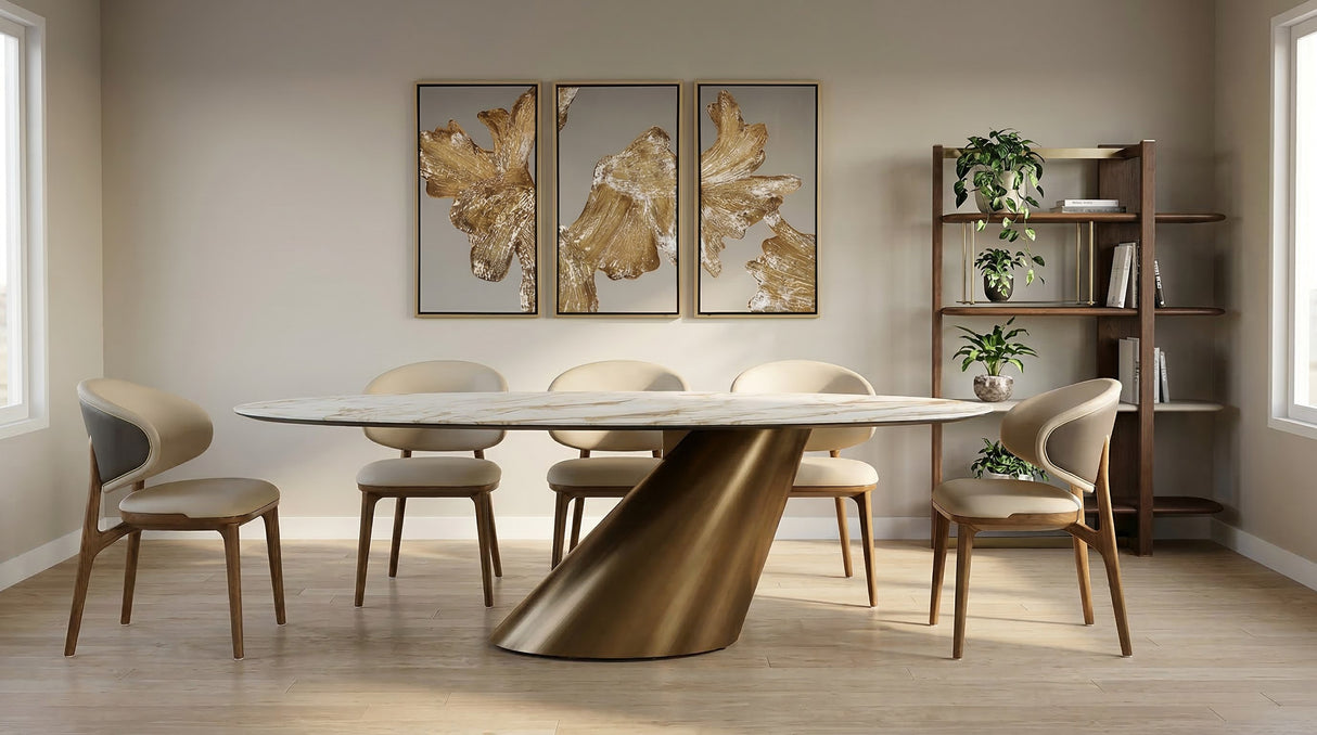 Gresham - Contemporary White Ceramic + Brushed Brass Dining Table - View Image 1